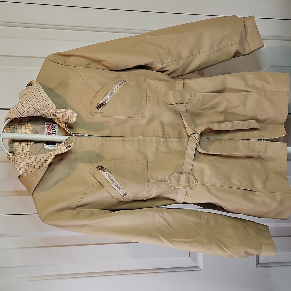 Vintage Casual Corner Tan Utility Jacket with Plaid Hood Kids 11/12 80s